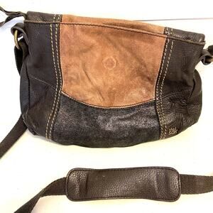 Vintage Y2K 2000s Brown Black Hobo Patch Leather Purse Crossbody Bag The Sak